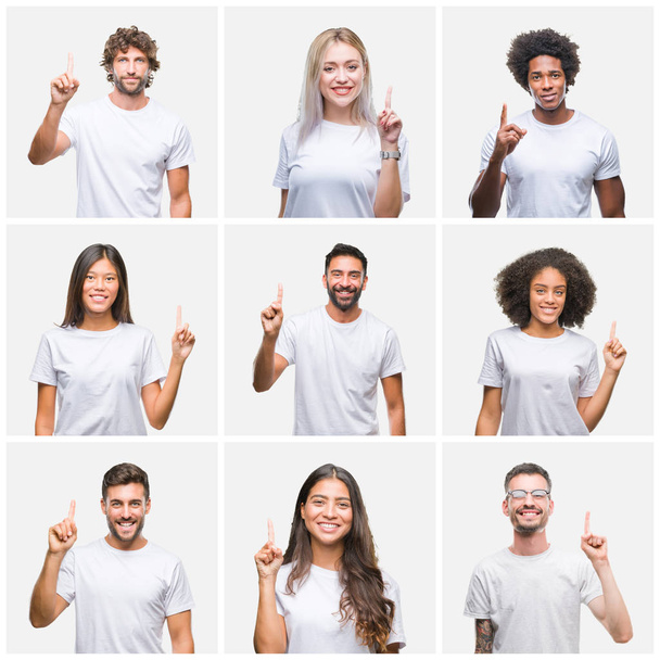 Collage of group of people wearing casual white t-shirt over isolated background showing and pointing up with finger number one while smiling confident and happy. - Photo, Image
