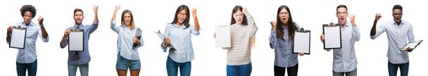Collage of group of business inspector people showing clipboard over isolated background annoyed and frustrated shouting with anger, crazy and yelling with raised hand, anger concept - Фото, зображення