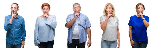 Колаж групи людей середнього віку і старшого віку над ізольованим тлом з проханням бути тихим пальцем на губах. Тиша і таємна концепція
. - Фото, зображення