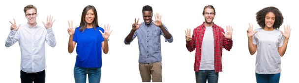 Koláž skupiny mladých lidí asijské, kavkazská, africké americké izolované pozadí zobrazení a ukázal prsty číslo osm, zatímco s úsměvem a spokojené. - Fotografie, Obrázek