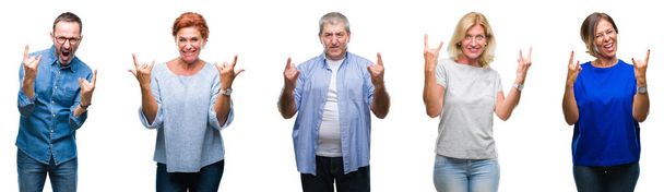 Collage aus einer Gruppe von Menschen mittleren Alters und Senioren über isoliertem Hintergrund, die mit verrücktem Gesichtsausdruck Rock-Symbol mit erhobenen Händen machen. Musikstar. Schweres Konzept. - Foto, Bild