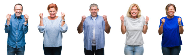 Collage de grupo de personas de mediana edad y personas mayores sobre antecedentes aislados emocionados por el éxito con los brazos levantados celebrando la victoria sonriendo. Concepto ganador
. - Foto, imagen