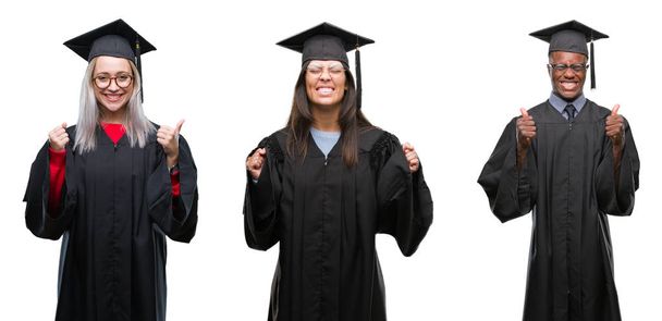 若い学生の人腕の成功のために興奮して孤立した背景に卒業大学の制服を着てのグループのコラージュは、祝う勝利笑顔を発生します。勝者の概念. - 写真・画像