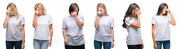 Collage de groupe de femmes portant un t-shirt blanc sur fond isolé fatigué se frottant le nez et les yeux ressentant fatigue et maux de tête. Concept de stress et de frustration
. - Photo, image