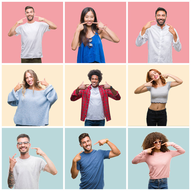 Collage of group of young people woman and men over colorful isolated background smiling confident showing and pointing with fingers teeth and mouth. Health concept. - Photo, Image