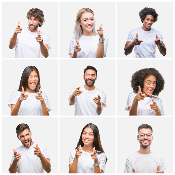 Collage of group of people wearing casual white t-shirt over isolated background pointing fingers to camera with happy and funny face. Good energy and vibes. - Photo, Image