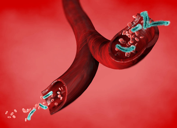 Żyły i czerwonych ciałek krwi, zaatakowany przez wirusa, krążenie bakterii w obrębie tętnicy. Escherichia coli. Przekroju żyły. renderowania 3D - Zdjęcie, obraz
