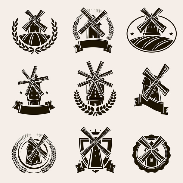 Mill label and icons set. Vector - Vektör, Görsel