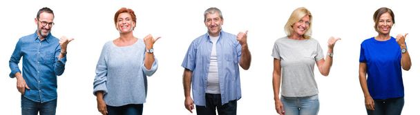 Collage of group of middle age and senior people over isolated background smiling with happy face looking and pointing to the side with thumb up. - Photo, Image