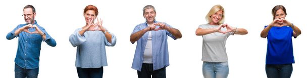 Collage of group of middle age and senior people over isolated background smiling in love showing heart symbol and shape with hands. Romantic concept. - Foto, Bild