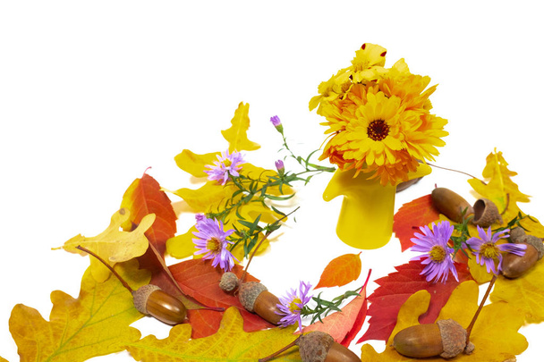 small bouquet of autumn flowers, autumn leaves and flowers - Valokuva, kuva