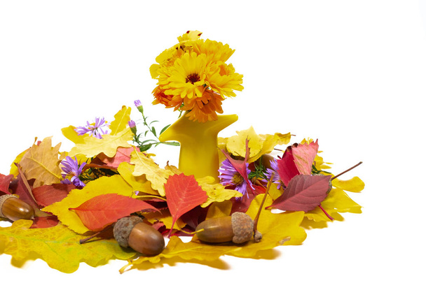 small bouquet of autumn flowers, autumn leaves and flowers - Фото, зображення