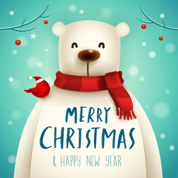 Christmas Polar Bear with Red Scarf. Christmas cute animal cartoon character. - Vector, Imagen