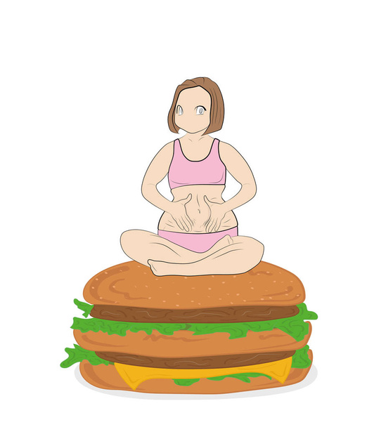 dikke vrouw zittend op een hamburger. concept van fastfood. goede voeding. vectorillustratie. - Vector, afbeelding