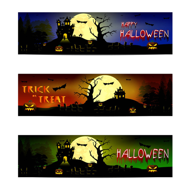 Bannerek a Halloween. hátborzongató telihold, denevérek és a macskák, árnyékok a fák és a kísérteties halloween tök szép háttér - Vektor, kép