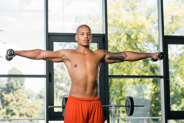 jovem muscular afro-americano desportista exercitando com halteres no ginásio
 - Foto, Imagem