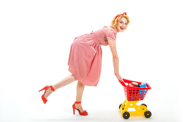 Going for shopping. happy retro woman go shopping. Full shopping. I have done it. vintage woman having fun while shopping. discount for shoppers and customers isolated on white, copy space. - Zdjęcie, obraz