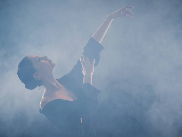 Young beautiful ballerina on smoke stage dancing modern ballet. performs smooth movements with hands. Woman in black costume on scene - Photo, Image