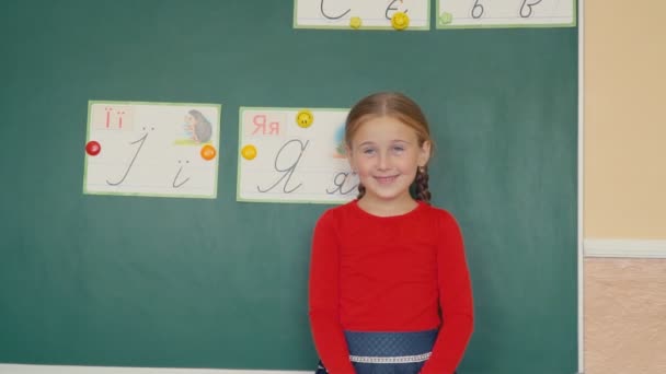 the girl is standing near the blackboard - Кадры, видео