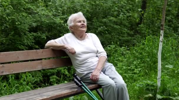 παλιά γιαγιά κάθεται επάνω σε ένα παγκάκι - Πλάνα, βίντεο