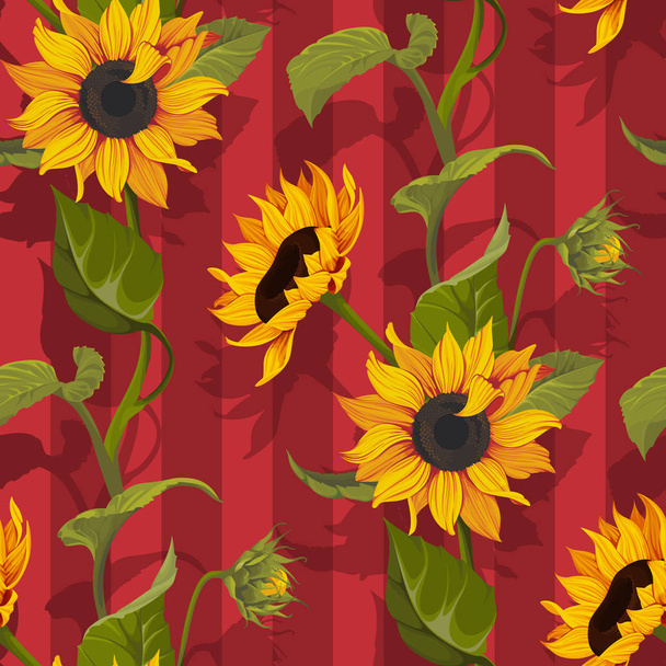Sunflower vector seamless pattern floral texture on red stripes background - Vektor, Bild