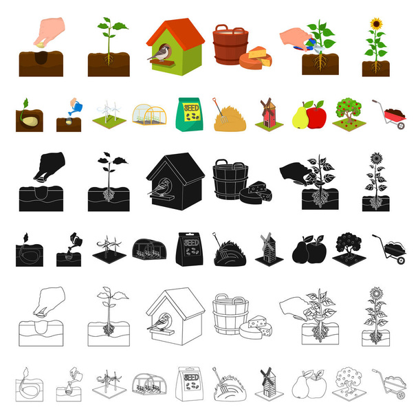 Farm ja maatalouden sarjakuva kuvakkeet asetettu kokoelma suunnitteluun. Puutarha ja kasvit isometrinen vektori symboli varastossa web kuva
. - Vektori, kuva