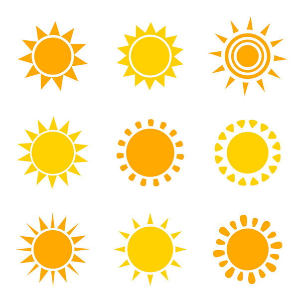 Набор оранжевых и желтых иконок солнца на белом фоне. Векторная иллюстрация
 - Вектор,изображение
