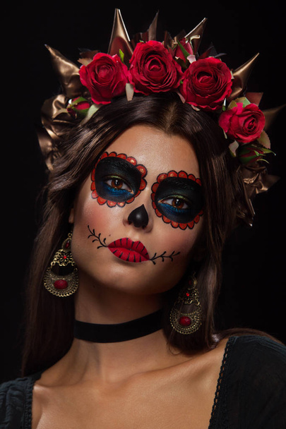 Creative portrait of Sugar Skull on dark background with copyspace. Makeup for Halloween or Dia De Mertos holiday or day of dead - Photo, Image