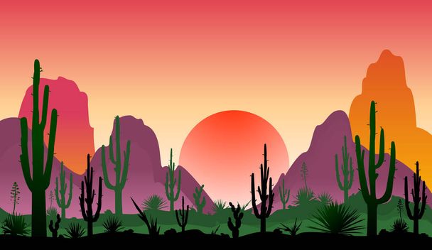Захід сонця в кам'яній пустелі з кактусами. Силуети каменів, кактусів і рослин. Пустельний пейзаж з кактусами. Кам "яна пустеля.                                                                                                                              - Вектор, зображення