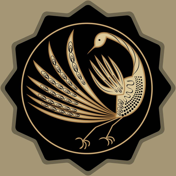 goldener mythischer Vogel, schöne antike Dekoration. Vogelkörper stilisiert im Kreis, goldene Muster auf schwarzem Hintergrund. orientalisches Design - Vektor, Bild