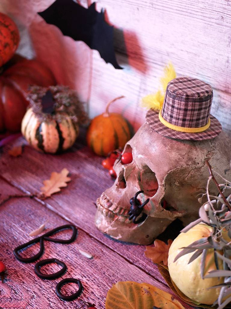 Halloween, dekoratív kompozíció egy koponya, sütőtök, denevérek fekete papír, gyurma pókok, őszi levelek, megvilágított világítással, piros háttéren egy szürke fából készült, szezonális home ünnepek, felülnézet - Fotó, kép