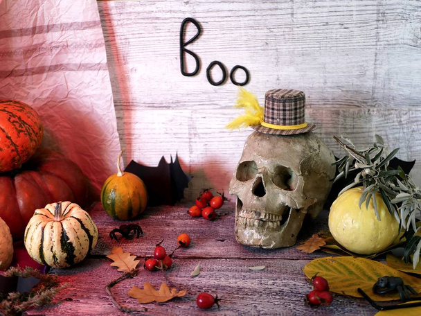 Хэллоуин, декоративная композиция черепа, тыквы, черные бумажные летучие мыши, пластилиновые пауки, осенние листья, освещенные красным освещением на сером деревянном фоне, сезонные домашние праздники, вид сверху
 - Фото, изображение