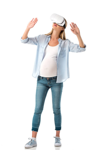 pregnant woman in vr headset looking up isolated on white - Fotoğraf, Görsel