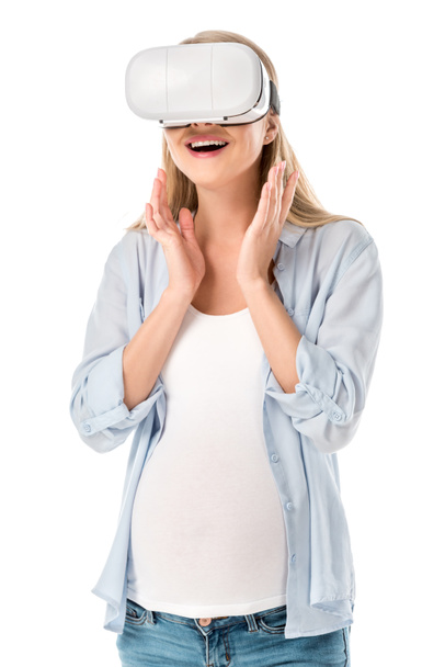 excited pregnant woman in vr headset isolated on white - Foto, Imagen