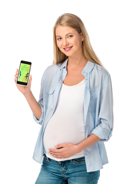 pregnant woman showing smartphone with best shopping app isolated on white - Foto, afbeelding