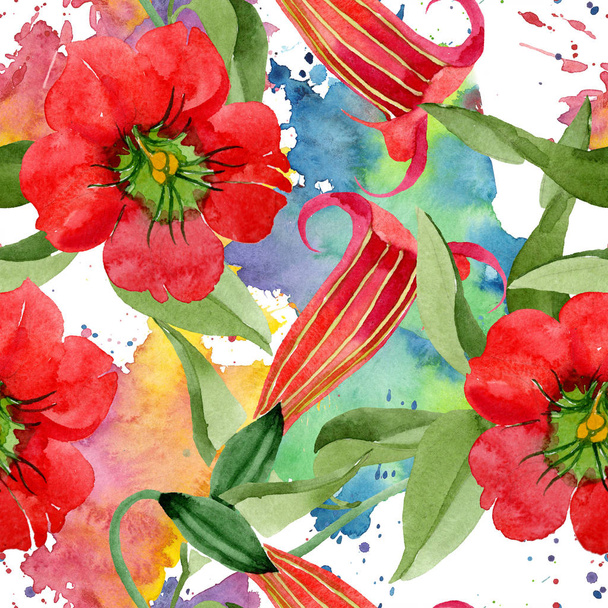 Akvarell piros brugmansia virág. Virágos botanikai virág. Varratmentes háttérben minta. Szövet nyomtatási textúrát. A háttér textúra, burkoló minta, keret vagy határ Aquarelle vadvirág. - Fotó, kép