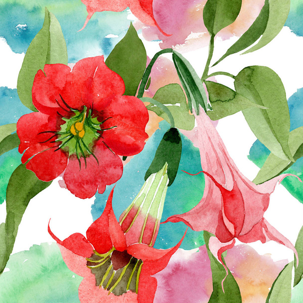 水彩赤キダチチョウセンアサガオ属の花。花植物の花。シームレスな背景パターン。壁紙印刷手触りの生地。背景、テクスチャ、ラッパー パターン、フレームや境界線の aquarelle ワイルドフラワー. - 写真・画像