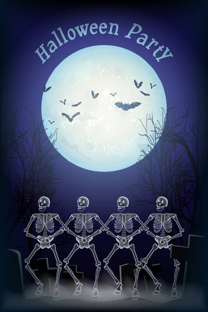 Plakát pro Halloween s roztomilý tančící kostlivce, úplněk a létající netopýři. Pozvánka na Halloween večírek. - Vektor, obrázek