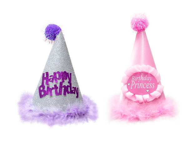Two fancy pretty birthday party hats for little girl isolated on white background - Photo, Image