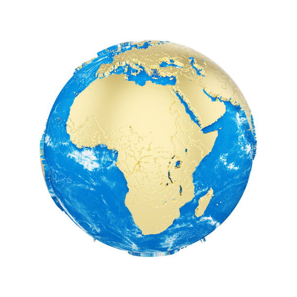 Planeta Terra Globo isolado sobre fundo branco. Continentes metálicos dourados e oceano azul. Celebração do dia da Terra
. - Foto, Imagem