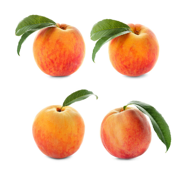 Set with juicy ripe peaches and green leaves on white background - Φωτογραφία, εικόνα