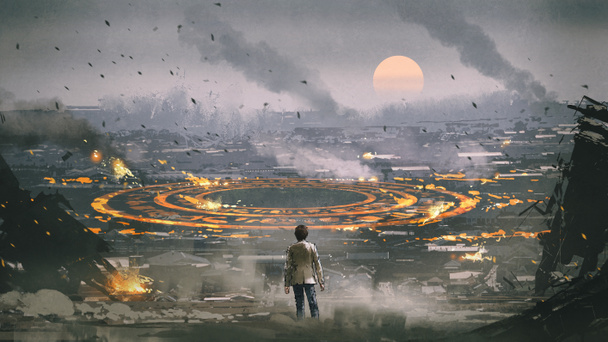 cena pós apocalipse mostrando o homem em pé na cidade arruinada e olhando para círculo misterioso no chão, estilo de arte digital, pintura ilustração
 - Foto, Imagem