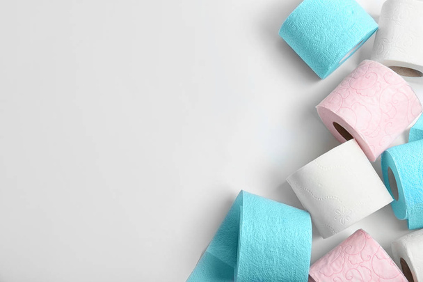Rolls of toilet paper on white background, top view. Space for text - Zdjęcie, obraz