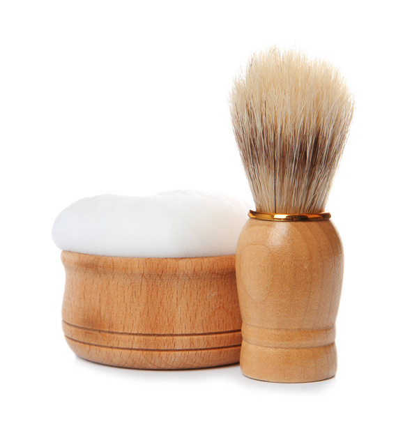 Shaving brush for men and bowl with foam on white background - Photo, Image