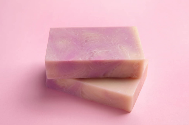 Hand made soap bars on color background - Photo, Image