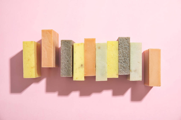 Hand made soap bars on color background, top view - Fotografie, Obrázek