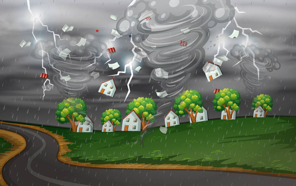 Zyklon traf das ländliche Dorf Illustration - Vektor, Bild