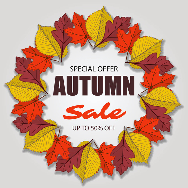 Cartaz de venda de outono de desconto com folhas de outono
.  - Vetor, Imagem