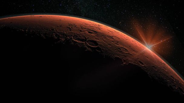 火星の高解像度画像。火星は、太陽系の惑星です。レンズのフレアと日の出。Nasa から提供されたこのイメージの要素. - 写真・画像