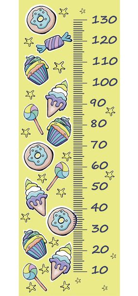 Medidor de altura vectorial para niños. Donuts de dibujos animados, pasteles de taza, helado, caramelos, piruletas, estrellas
,  - Vector, imagen